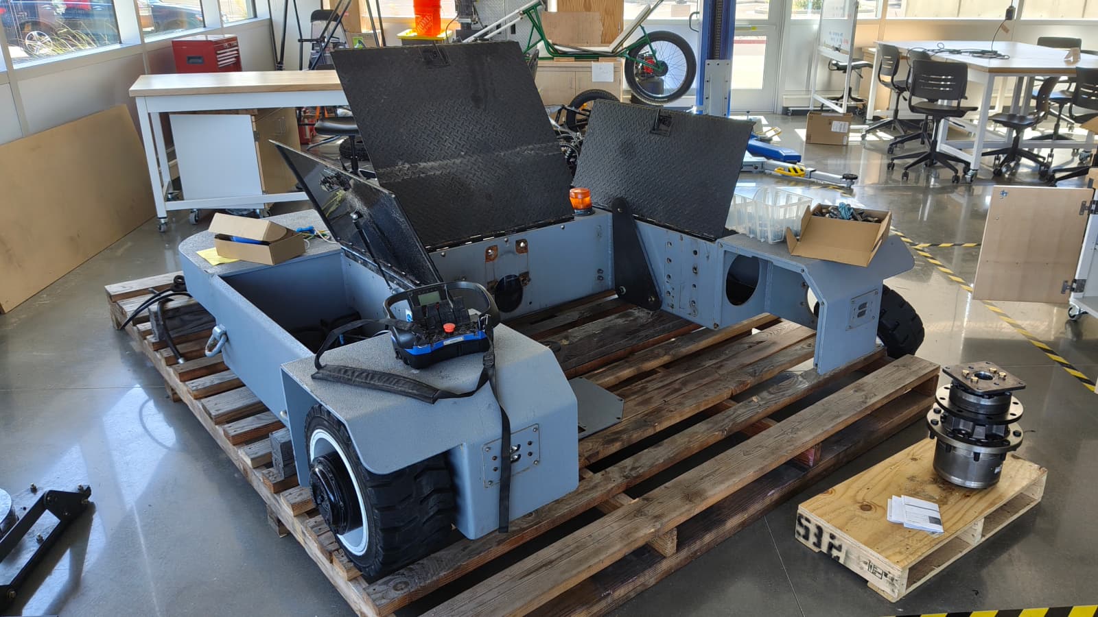The front view of the tug. We are working on installing the tire mount right now.