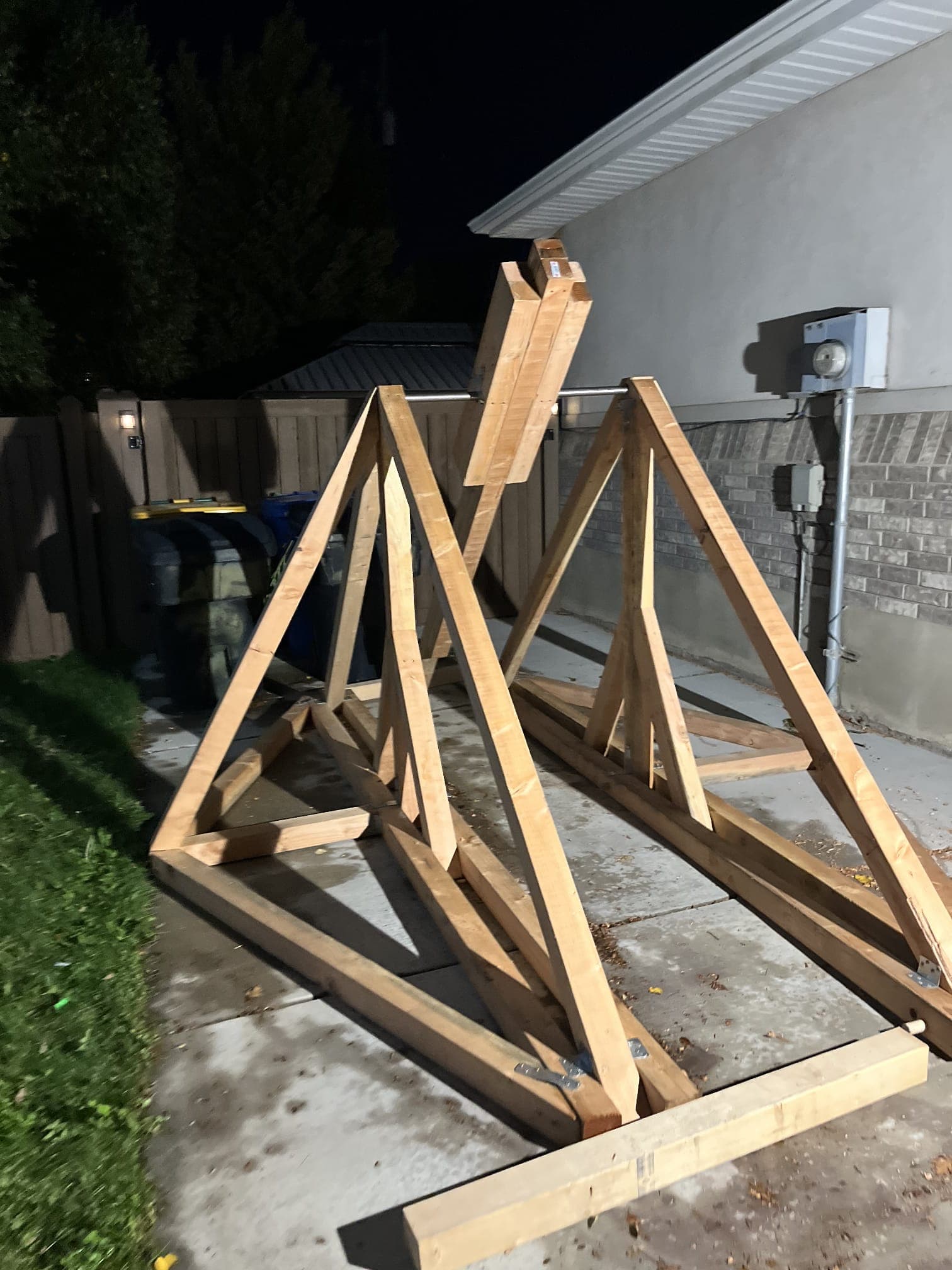 The trebuchet in 'Uncle Hiro's' backyard after we finished putting it together.